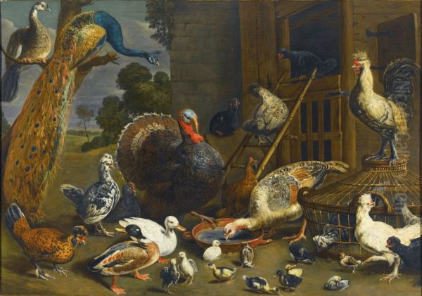 Variety of birds including a peacock, turkey, chickens, and ducks with their young drinking, playing and pecking about in a yard - view 1