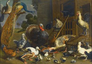 Variety of birds including a peacock, turkey, chickens, and ducks with their young drinking, playing and pecking about in a yard by Adriaen van Utrecht
