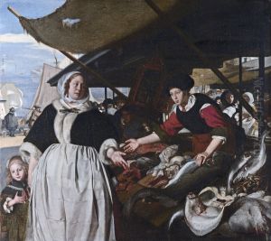 Adriana van Heusden and her daughter at the new fishmarket in Amsterdam by Emanuel de Witte