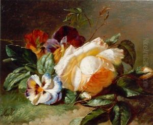 White rose and violets at the edge of the wood by Adriana Johanna Haanen