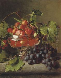 Strawberries in a glass bowl with grapes on a ledge by Adriana Johanna Haanen