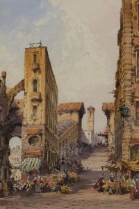 Veduta Urbana Con Mercato Presso Una Scalinata by Gabriele Carelli