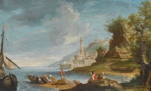 A coastal scene with fishermen and a city in the background
