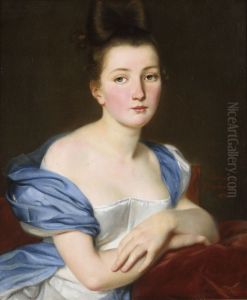 Portrait of a young woman wearing a white dress and a blue shawl
