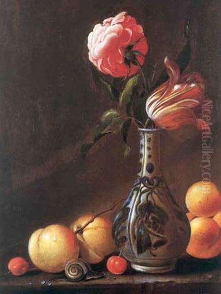Vase with two flowers and fruits - view 1