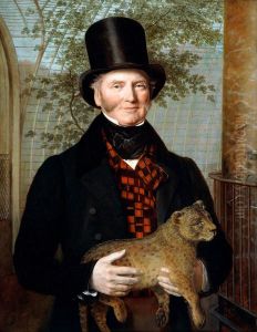 Portrait of Edward Cross, half-length, in a black coat and red-check waistcoat holding a Lion Cub