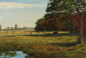 Landscape with cows near a lake by Agnes Cathinka Wilhelmine Lunn