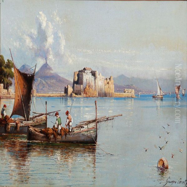 Fishermen In The Gulf Of Naples With Castel Dell'ovo In The Background by Giuseppe Carelli