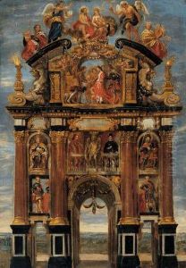 De voorzijde van de triomfboog van Filips IV. by (studio of) Rubens, Peter Paul