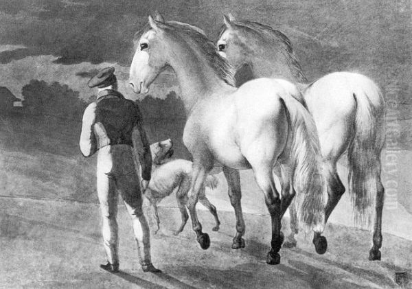 Stable Boy with Two Grey Horses And A Dog - view 1