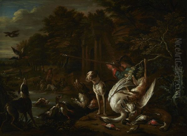Huntsman with a dead swan at the water's edge - view 1
