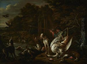 Huntsman with a dead swan at the water's edge by Adriaen de Grijef