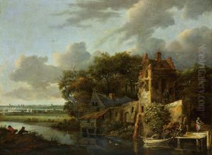 A river landscape with a cottage, peasants fishing on the bank by Cornelis Gerritsz Decker