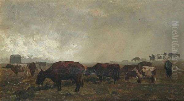 An overcast day with cows in the field. - view 1