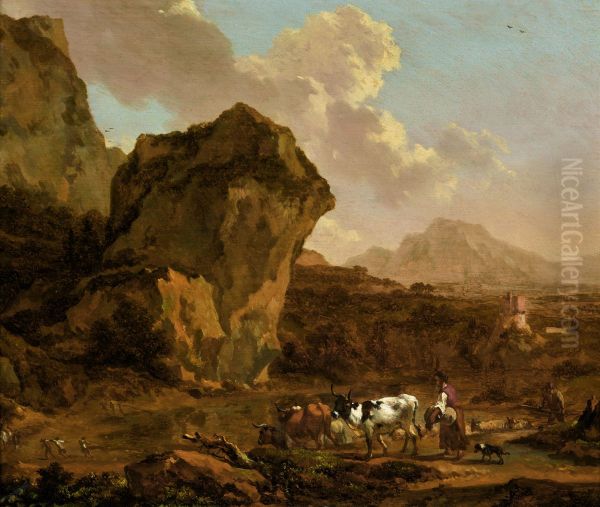 An Italianate mountain landscape with a peasant woman herding her cattle - view 1