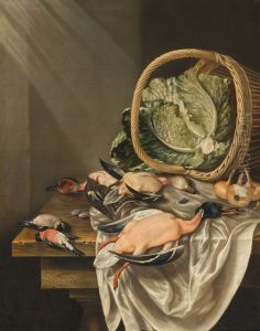 Kitchen still life with an overturned basket of lettuce, game and vegetables Kitchen still life with an overturned basket of lettuce, game and vegetables