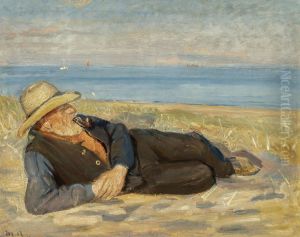 A Skagen fisherman lying on the beach in the evening sun. by Michael Peter Ancher