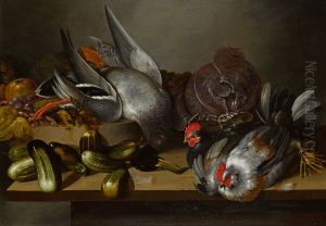 Still life with hens, a duck, gherkins, fruits, and a cabbage