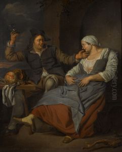 A seated couple drinking wine by Jacob Toorenvliet