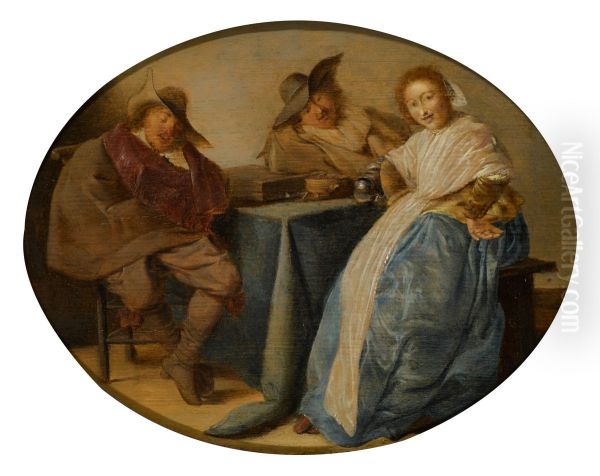 An interior with two cavalryman and a lady, all seated around a table - view 1