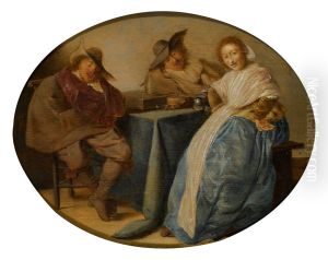 An interior with two cavalryman and a lady, all seated around a table by Pieter Codde