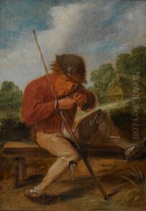 A farmer resting on a bench in a landscape by Adriaen Brouwer