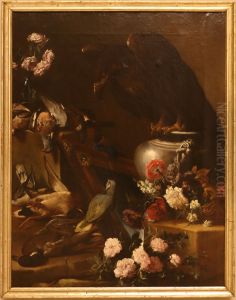 natura morta con aquila, pappagallo e fiori