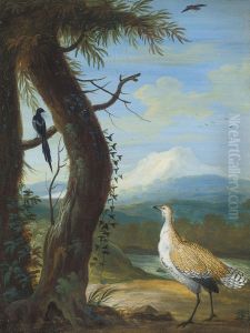 A bustard and a magpie in an exotic landscape by Christoph Ludwig Agricola