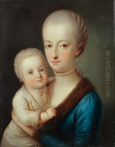 Portrait of a lady in a blue dress and fur mantle, holding her child by Karl Agricola