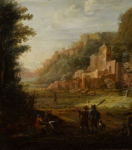 Wooded landscape with two hunters at the entrance to a valley
