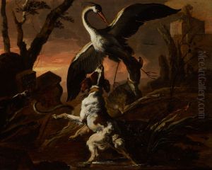 Three dogs attacking a crane in a landscape