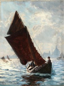 Sejlbade i Kobenhavns Havn med Frederiks Kirke i baggrunden. by Vilhelm Arnesen