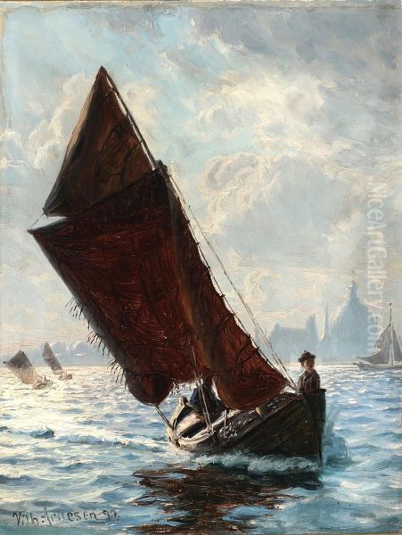 Sailing boats in Copenhagen Harbour with Frederiks Chrurch in the distance. - view 1