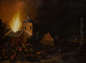 Nocturnal landscape with the plundering of a village by Philip van Leeuwen
