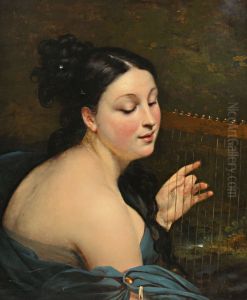 Young woman with harporA young lady playing the lyre