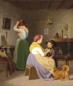 A Grandmother tidying up a little Boy, while his Mother is dressing in front of a Mirror.