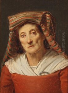 An Italian woman in a red dress and a striped headdress
