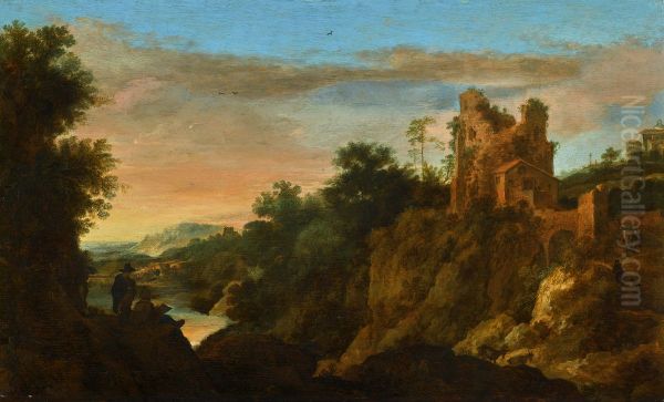 Italianate mountain landscape at sunset with a draughtsman - view 1
