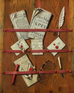 Trompe l'oeil with a letter rack holding newspapers, letters, writing equipment and a comb by Evert Collier