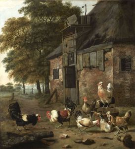 Poultry yard with two cocks fighting