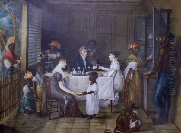 Presumed portrait of Charlotte Martner, her husband, the house staff and a guest, in a dining room in Fort-de-France, Martinique - view 1