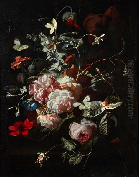 Still life of pink roses, poppies, jasmine and other flowers, in a glass vase on a table, with butterflies - view 1