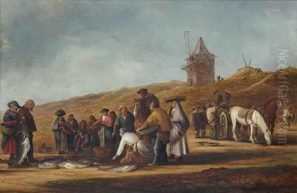 Landscape with fish vendors on the beach - view 1