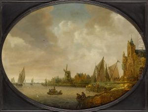 River landscape with a windmill, a port building, and sailing vessels