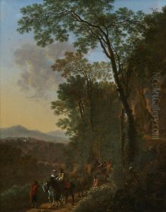 An elegantly dressed couple on horseback on a path with other travellers in a southern landscape An elegantly dressed couple on horseback on a path with other travellers in a southern landscape
