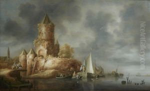 River landscape with a tower on the bank