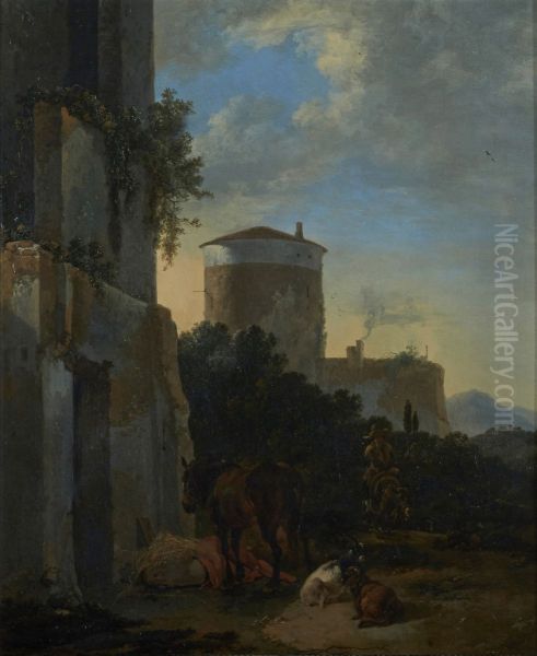 An italianate village street with a horse, goats, and man on a donkey - view 1