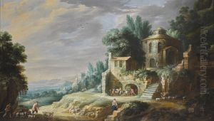 Shepherds and their flock by buildings, in a southern landscape by Gillis Peeters