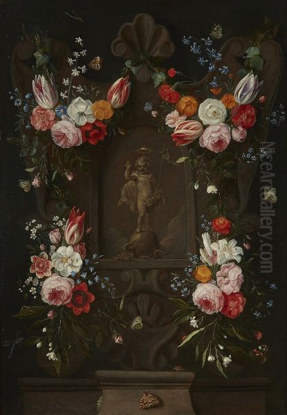 Swags of Tulips, Roses, Lilies, Carnations, Hyacinths, Cornflowers, Forget-me-Nots and other Flowers decorating a stone Cartouche with a Relief of the Christ Child, with a Dragonfly, Moths and other Insects - view 1