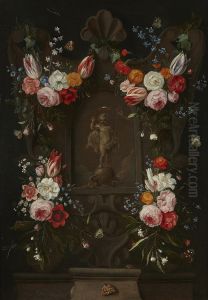 Swags of Tulips, Roses, Lilies, Carnations, Hyacinths, Cornflowers, Forget-me-Nots and other Flowers decorating a stone Cartouche with a Relief of the Christ Child, with a Dragonfly, Moths and other Insects